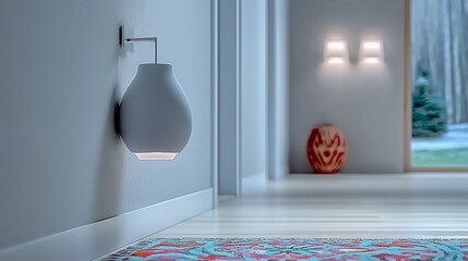 Modern hallway with stylish wall lamp and decorative vase