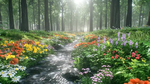 Forest stream through colorful wildflower meadow landscape