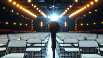 Conference hall setup with rows of empty white chairs and microphone focused center stage with copy space