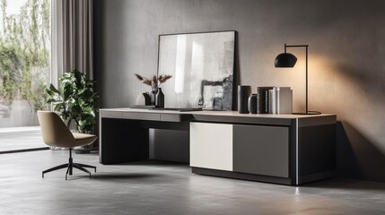 Modern office desk, minimalist design, concrete floor, plants, artwork