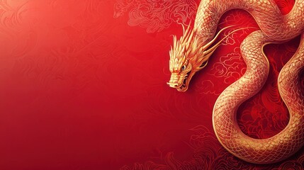 Obraz premium Golden dragon on red background. Traditional Chinese dragon illustration.