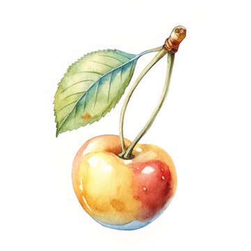 Watercolor cherry with green leaf for summer fruit theme design with copy space
