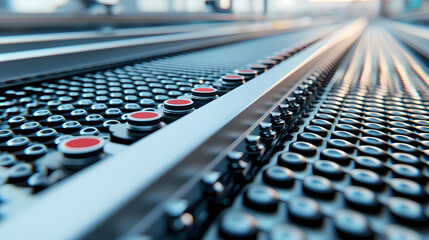 A close-up view of an automated conveyor system with rows of buttons and red indicators, suggesting advanced manufacturing technology.