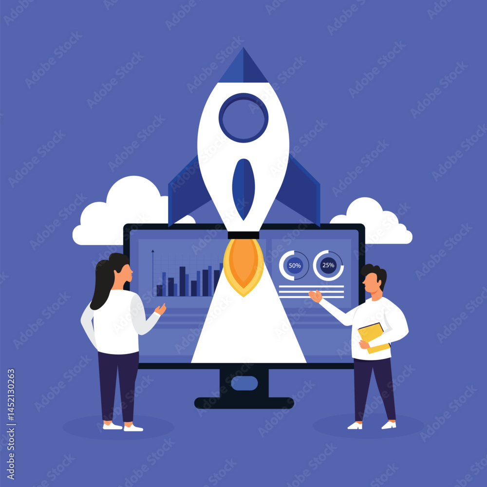 Poster business startup concept. rocket launch from computer screen