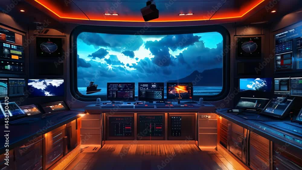 Poster a high-tech control room featuring multiple monitors and data displays. the futuristic design showca