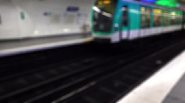 Vue floue int&eacute;rieur sur le quai d'un m&eacute;tro parisien