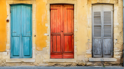 Colorfully Charming Facades: A striking trio of doors stands in a row, each one a unique hue against a weathered backdrop, reflecting the area's character and inviting curiosity.