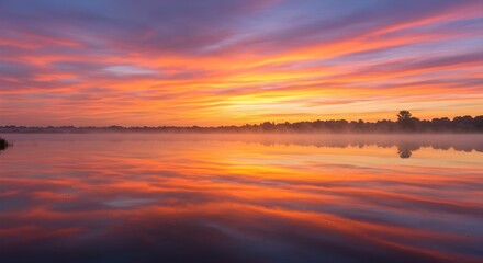 Naklejka premium Sunset reflection on the water in stunning orange and purple colors