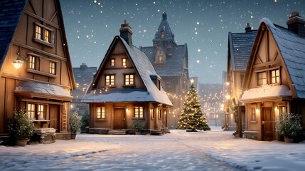 Snowy village street aglow with Christmas cheer