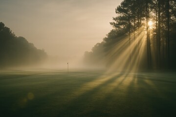 Golden Sun Rays Shining Through Trees on Misty Golf Course
