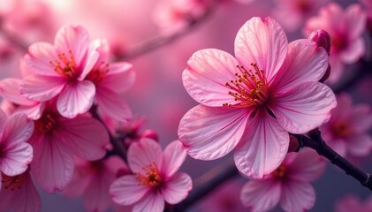 Fototapeta premium Close-up, stylized sakura pattern, vibrant hues, overlapping petals , textile, design