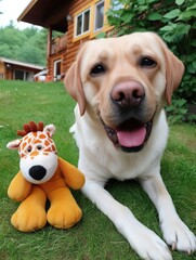 A cheerful Labrador retriever poses with a plush giraffe toy in a green yard.