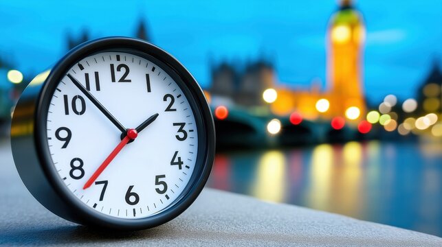 Fototapeta A close-up of a clock with the Thames and Big Ben blurred in the background.