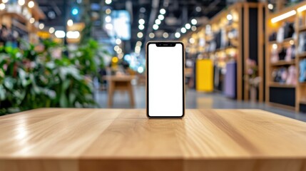 Wooden table with modern phone display, retail products creating vibrant background