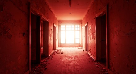 surreal crimson toned abandoned house interior, subject at bottom, broken corridor leading to light flooded window, top has ample copy space