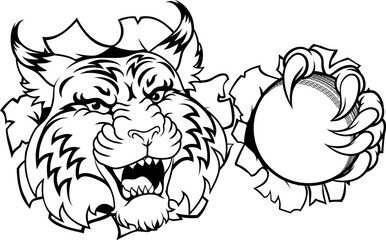 A wildcat or bobcat with a cricket ball animal sports team mascot
