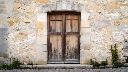 Obraz premium Rustic Charm: A weathered wooden door nestled within a timeworn stone wall evokes a sense of rustic charm and history, a tantalizing glimpse into a bygone era.