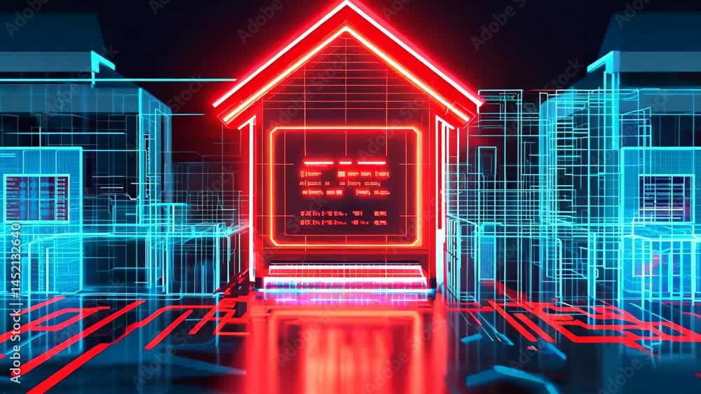 Poster this futuristic digital home environment features neon lights and advanced technology, portraying a 