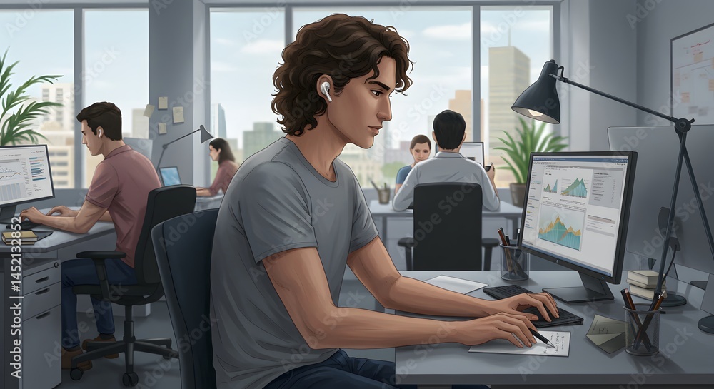 Poster office productivity: young professional analyzing data & graphs on a computer, writing notes in a mo