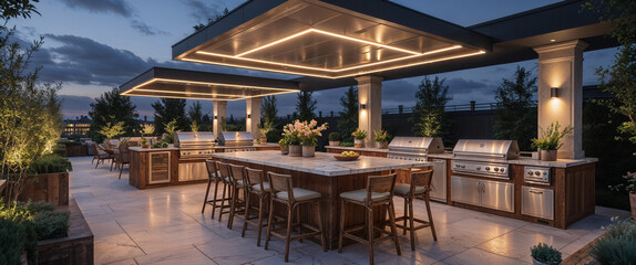 Luxurious outdoor kitchen featuring illuminated pergola and high end grilling equipment in twilight