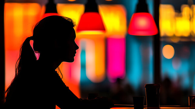 Silhouette of a Woman in a Cafe: A captivating silhouette of a woman with long hair, sitting in a cafe, her profile illuminated by a vibrant display of colorful lights.