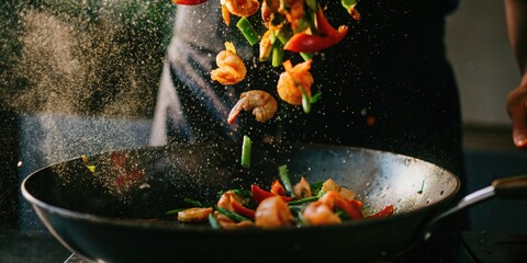 Chef Tossing Shrimp and Vegetables in Hot Pan