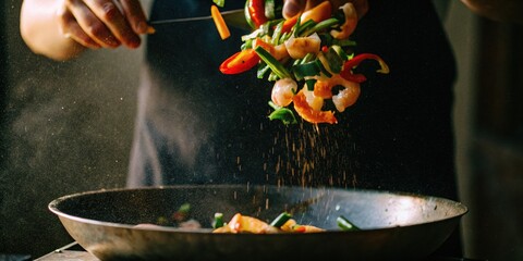 Chef Tossing Shrimp and Vegetables in Hot Pan