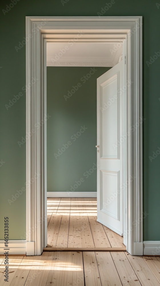 Aufkleber sunlight filters through an open door, illuminating a functional space with light wooden flooring an