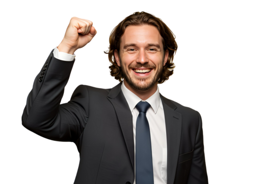 A smiling businessman raising a fist in celebration, isolated