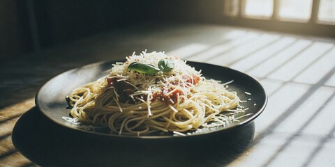 Spaghetti with Tomato Sauce and Cheese in Sunlight