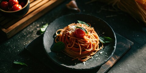 Plate of Spaghetti with Cheese and Tomatoes on Dark Table