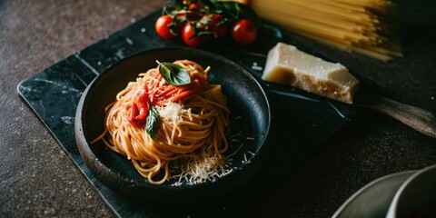 Plate of Spaghetti with Cheese and Tomatoes on Dark Table