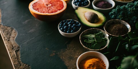 Healthy Ingredients and Superfoods on Rustic Table