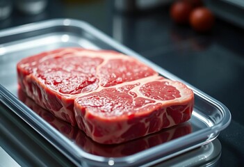 Close-up of lab-grown meat steak on a sterile tray, lab-grown meat,  precision fermentation