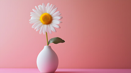Simple Daisy Elegance: A single white daisy with a bright yellow center, delicately arranged in a white vase against a soft pink backdrop, radiating an aura of tranquility and natural beauty. 