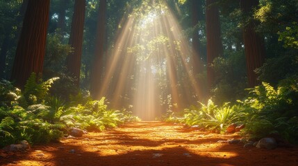 Sunbeams illuminate a path through a lush redwood forest.