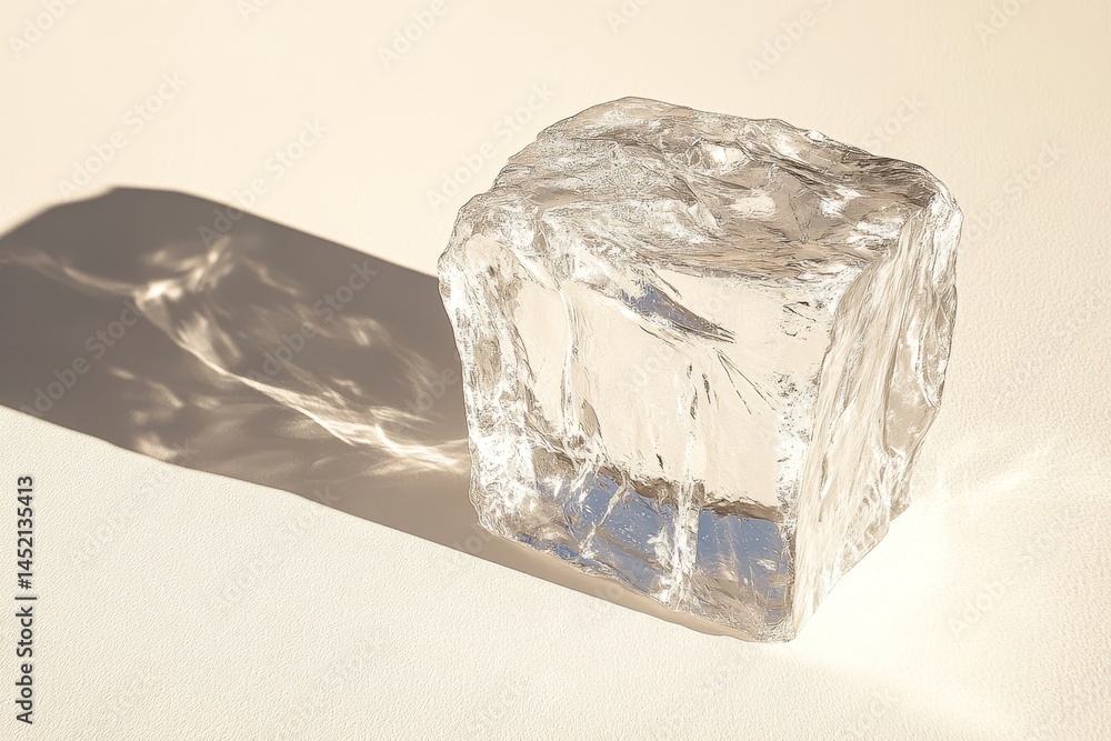 Poster a transparent ice cube casts a shadow on a pale surface.