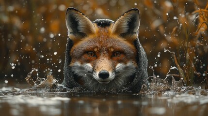 Fototapeta premium Red fox with grey hoodie emerging from murky water, autumn leaves falling.