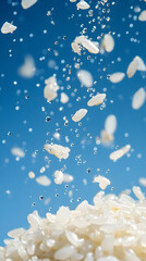 Rice falling in water droplets culinary scene close-up blue background