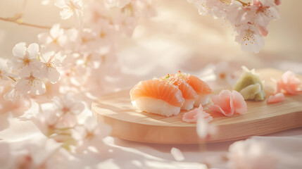 Sushi art showcase spring garden food photography serene setting close-up