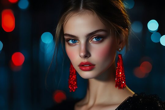 An extremely beautiful supermodel wearing red earrings and a black dress.