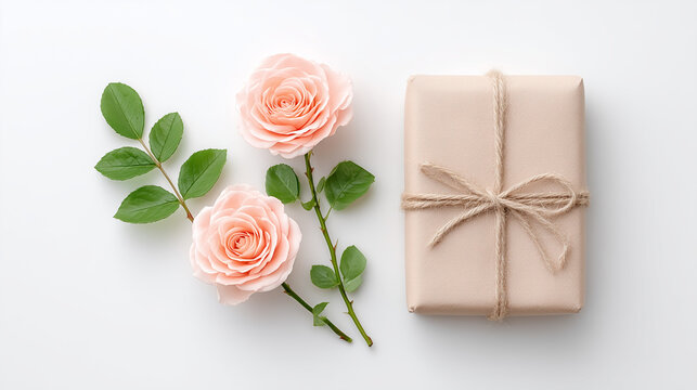 3w Elegant flat lay of Mother&rsquo;s Day gift box, greeting card, and blooming roses
