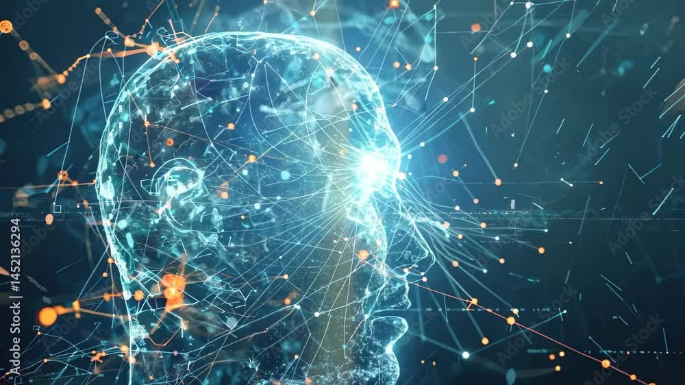 Poster abstract representation of a human brain fused with technology, highlighting neural connections and 