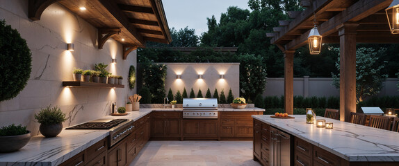 Luxurious outdoor kitchen space with built-in grill and evening ambient lighting