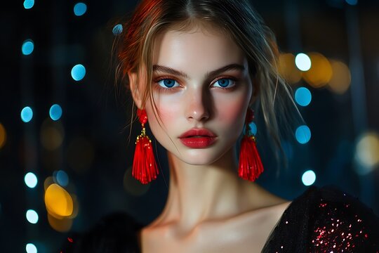 An extremely beautiful supermodel wearing red earrings and a black dress.