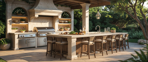 Luxurious outdoor kitchen with bar seating and grilling area in a beautiful backyard