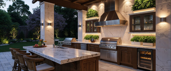 Luxurious outdoor kitchen with bar seating and stainless steel appliances at dusk