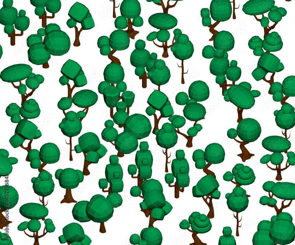 Poster a computer generated image of a forest with many low-poly trees. the trees are all green and are sca