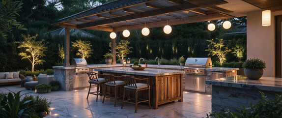 Luxurious outdoor kitchen with evening lighting and modern ambiance for entertaining