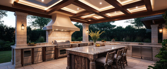 Luxurious outdoor kitchen with granite countertops and wooden accents in a modern setting